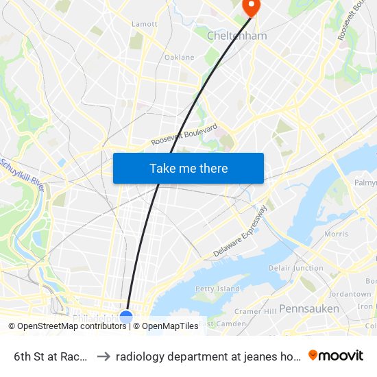 6th St at Race St to radiology department at jeanes hospital map