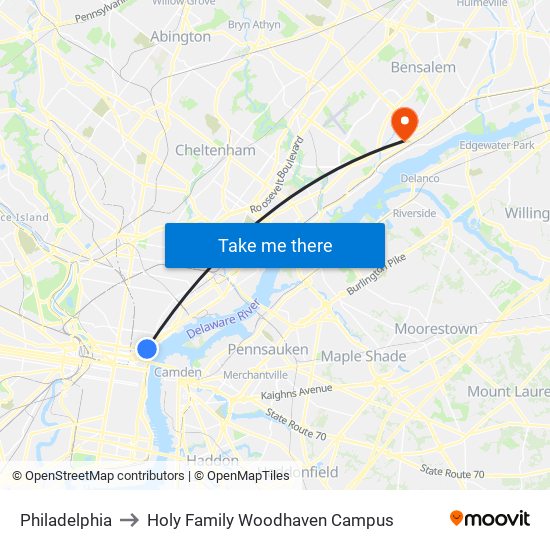 Philadelphia to Holy Family Woodhaven Campus map