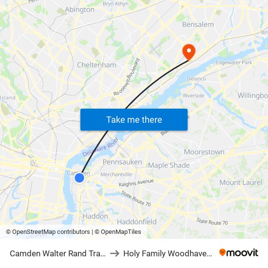 Camden Walter Rand Trans Center to Holy Family Woodhaven Campus map