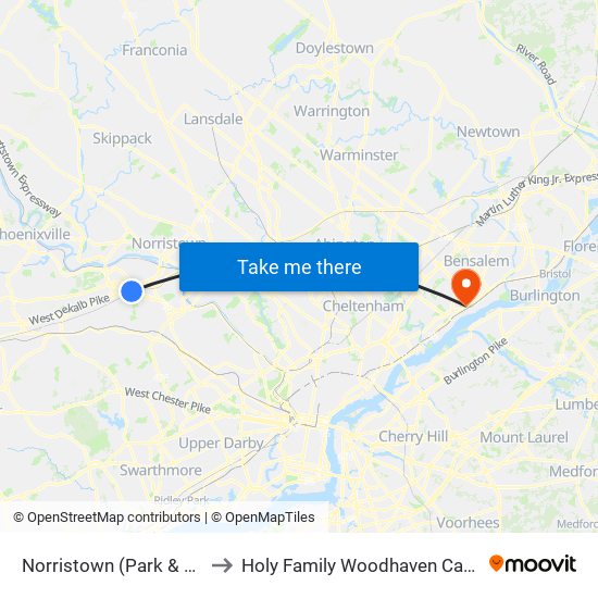 Norristown (Park & Ride) to Holy Family Woodhaven Campus map