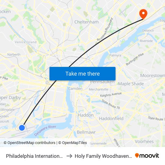 Philadelphia International Airport to Holy Family Woodhaven Campus map