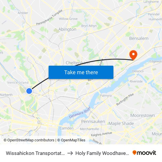 Wissahickon Transportation Center to Holy Family Woodhaven Campus map