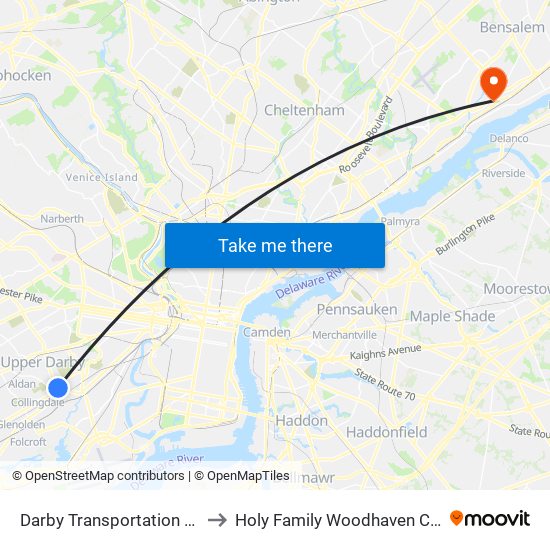 Darby Transportation Center to Holy Family Woodhaven Campus map