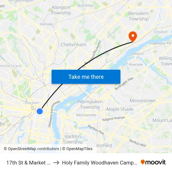 17th St & Market St to Holy Family Woodhaven Campus map