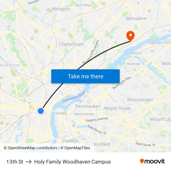 13th St to Holy Family Woodhaven Campus map