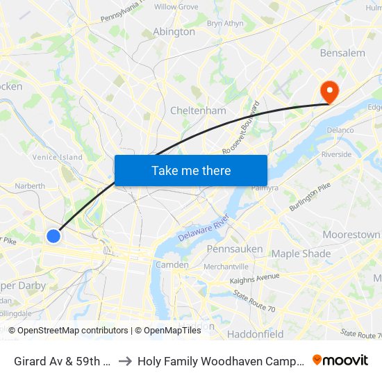 Girard Av & 59th St to Holy Family Woodhaven Campus map