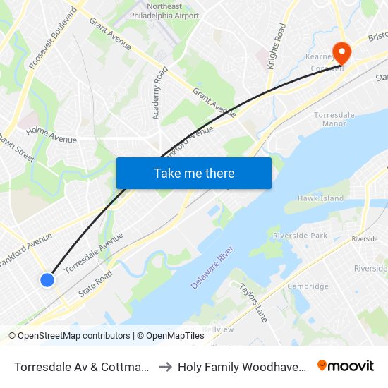 Torresdale Av & Cottman Av Loop to Holy Family Woodhaven Campus map