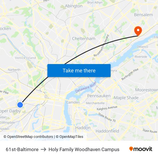 61st-Baltimore to Holy Family Woodhaven Campus map