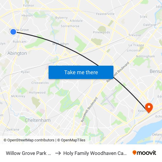 Willow Grove Park Mall to Holy Family Woodhaven Campus map