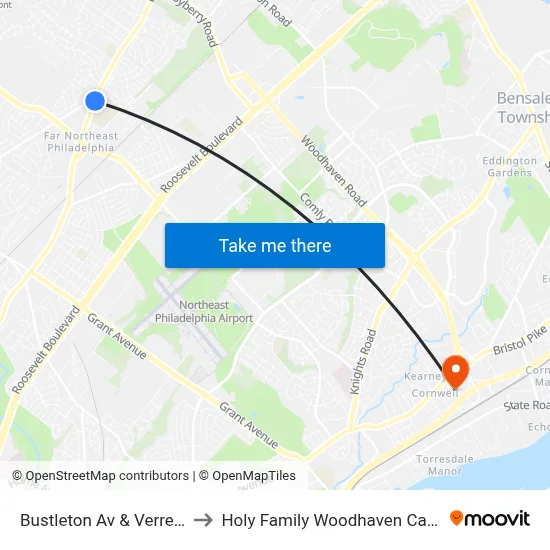 Bustleton Av & Verree Rd to Holy Family Woodhaven Campus map