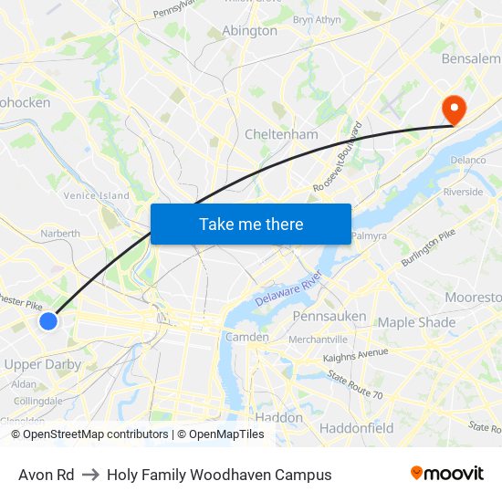 Avon Rd to Holy Family Woodhaven Campus map