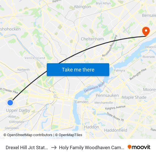 Drexel Hill Jct Station to Holy Family Woodhaven Campus map