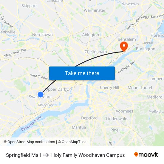 Springfield Mall to Holy Family Woodhaven Campus map