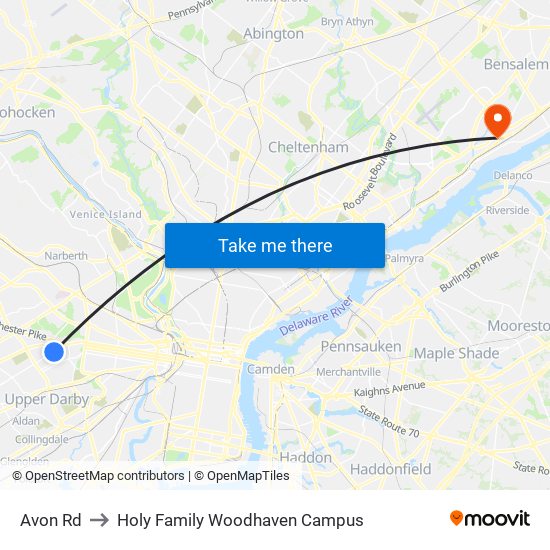Avon Rd to Holy Family Woodhaven Campus map