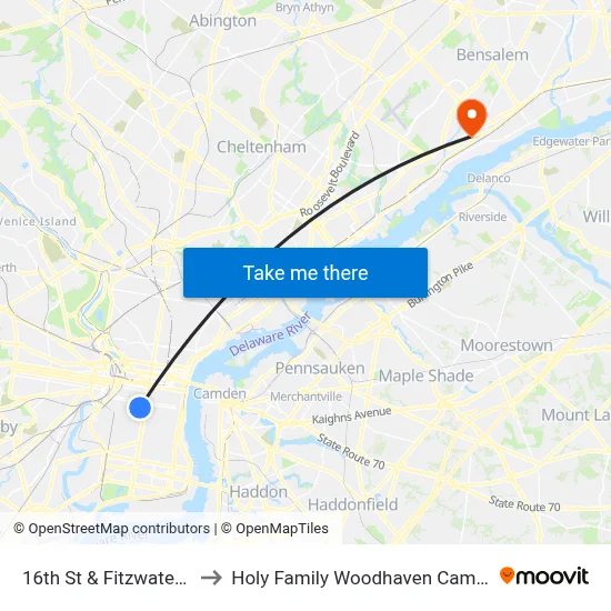 16th St & Fitzwater St to Holy Family Woodhaven Campus map