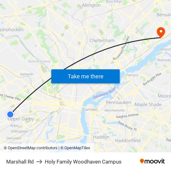 Marshall Rd to Holy Family Woodhaven Campus map