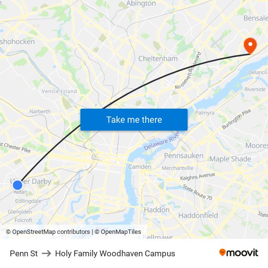 Penn St to Holy Family Woodhaven Campus map
