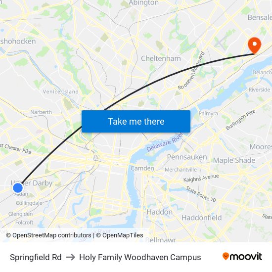 Springfield Rd to Holy Family Woodhaven Campus map