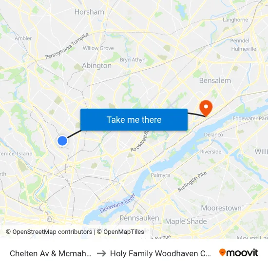 Chelten Av & Mcmahon St to Holy Family Woodhaven Campus map