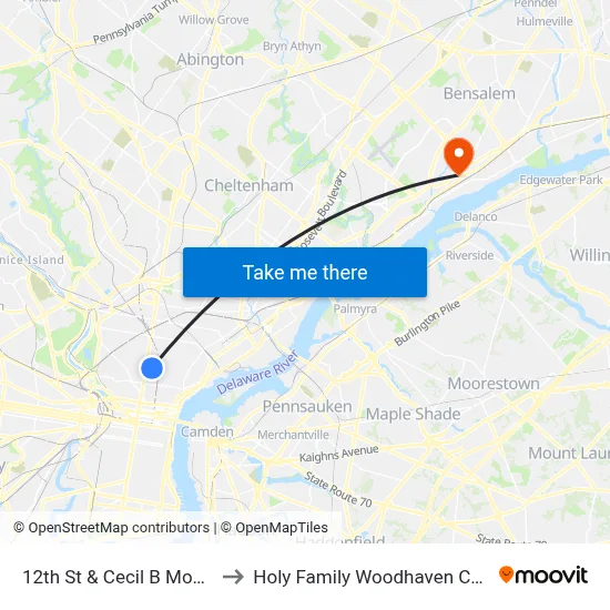 12th St & Cecil B Moore Av to Holy Family Woodhaven Campus map