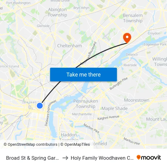 Broad St & Spring Garden St to Holy Family Woodhaven Campus map