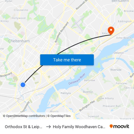 Orthodox St & Leiper St to Holy Family Woodhaven Campus map