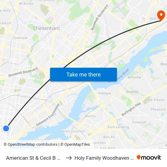 American St & Cecil B Moore Av to Holy Family Woodhaven Campus map