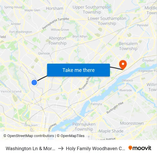 Washington Ln & Morton St to Holy Family Woodhaven Campus map
