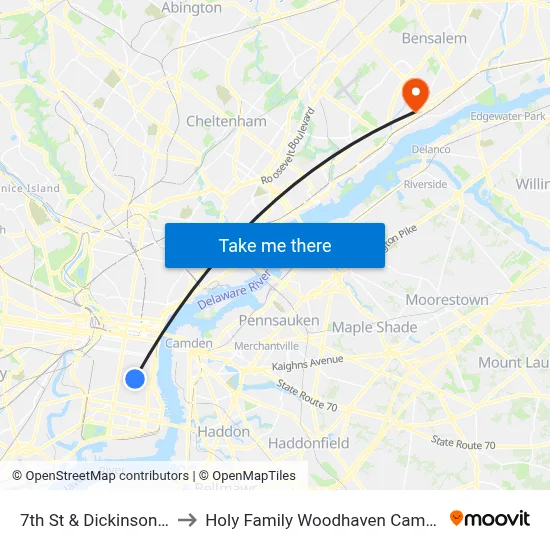 7th St & Dickinson St to Holy Family Woodhaven Campus map