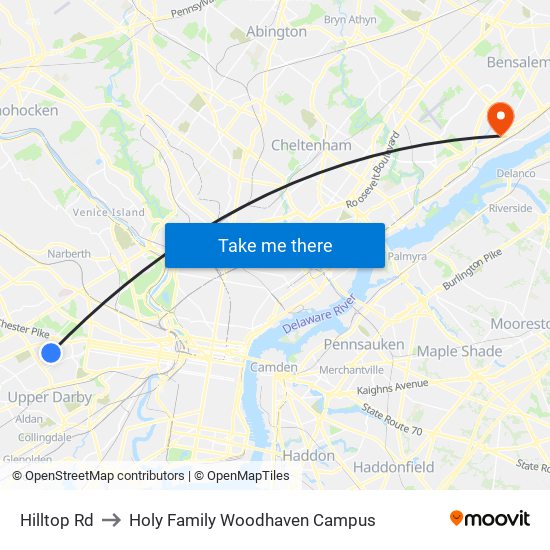 Hilltop Rd to Holy Family Woodhaven Campus map