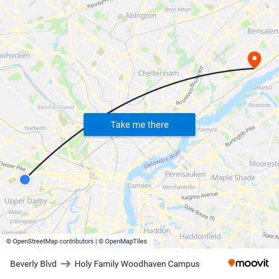 Beverly Blvd to Holy Family Woodhaven Campus map