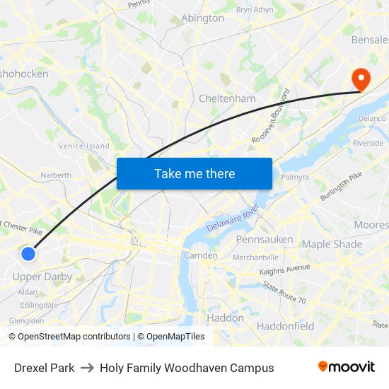 Drexel Park to Holy Family Woodhaven Campus map