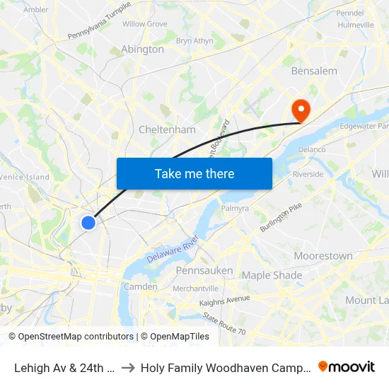 Lehigh Av & 24th St to Holy Family Woodhaven Campus map