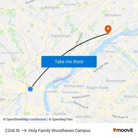 22nd St to Holy Family Woodhaven Campus map