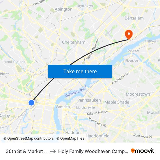 36th St & Market St to Holy Family Woodhaven Campus map