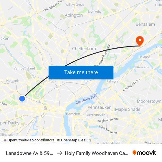 Lansdowne Av & 59th St to Holy Family Woodhaven Campus map