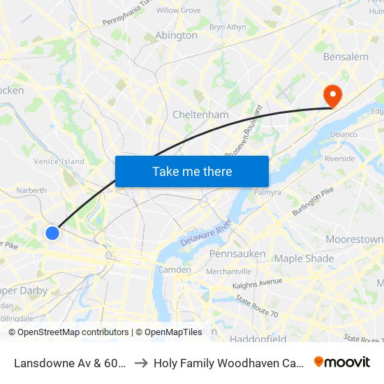 Lansdowne Av & 60th St to Holy Family Woodhaven Campus map