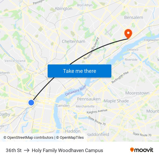 36th St to Holy Family Woodhaven Campus map