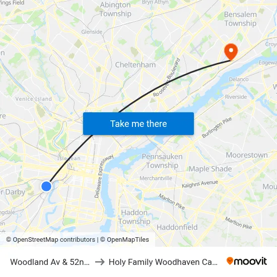 Woodland Av & 52nd St to Holy Family Woodhaven Campus map