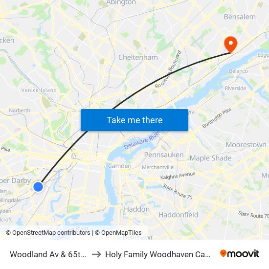 Woodland Av & 65th St to Holy Family Woodhaven Campus map