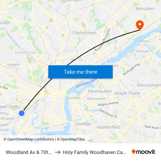 Woodland Av & 70th St to Holy Family Woodhaven Campus map