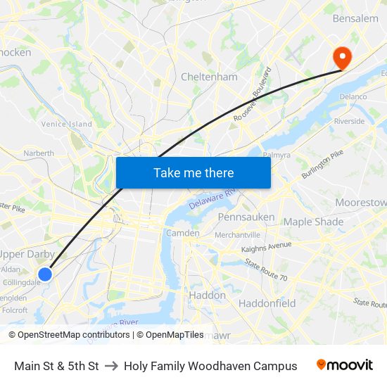 Main St & 5th St to Holy Family Woodhaven Campus map