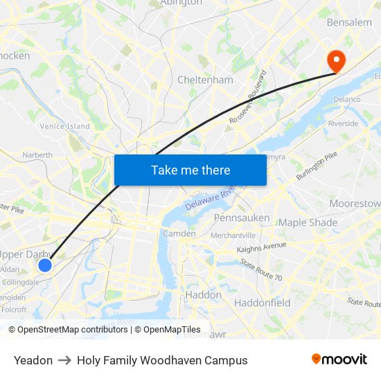 Yeadon to Holy Family Woodhaven Campus map