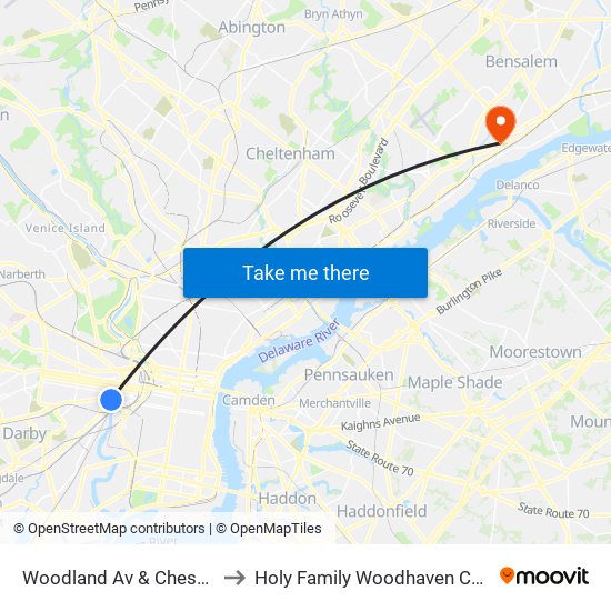 Woodland Av & Chester Av to Holy Family Woodhaven Campus map
