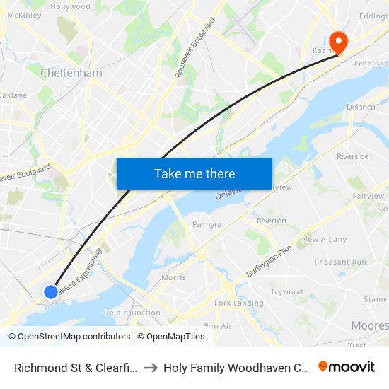 Richmond St & Clearfield St to Holy Family Woodhaven Campus map