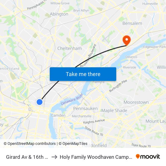 Girard Av & 16th St to Holy Family Woodhaven Campus map