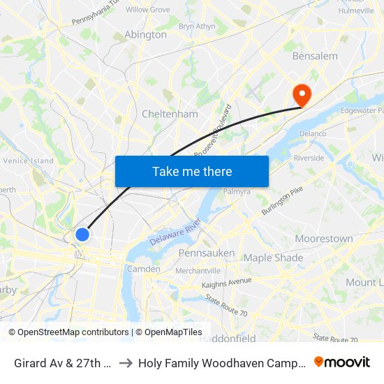 Girard Av & 27th St to Holy Family Woodhaven Campus map