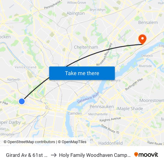 Girard Av & 61st St to Holy Family Woodhaven Campus map