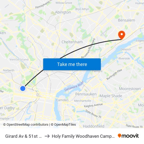 Girard Av & 51st St to Holy Family Woodhaven Campus map