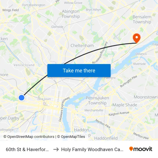 60th St & Haverford Av to Holy Family Woodhaven Campus map